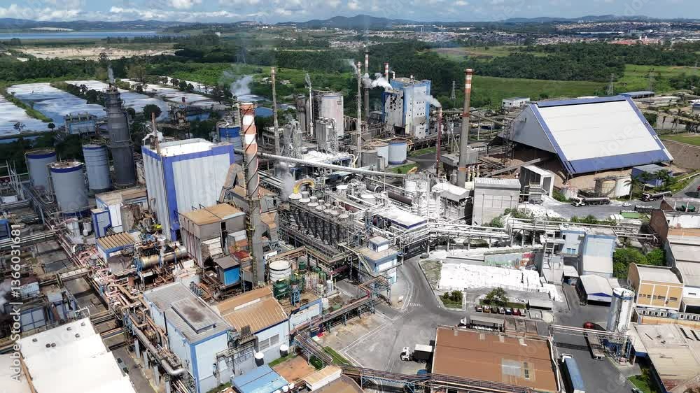 Vídeo drone 4k mostrando chaminés e caldeiras em indústria de papel, capturando detalhes da estrutura e funcionamento, evidenciando a produção industrial e tecnologia no setor de papel