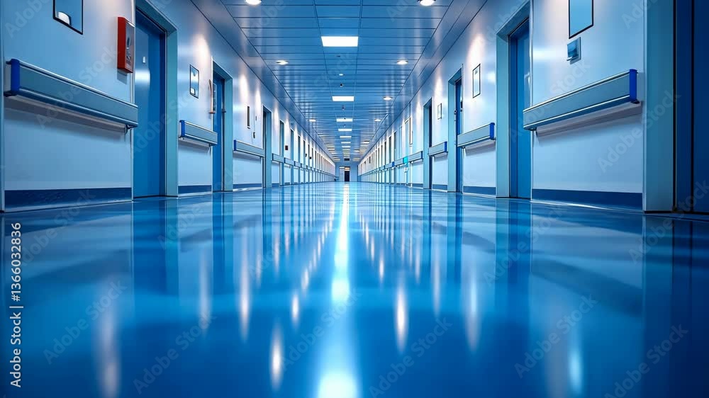 Sterile, empty hospital hallway with blue flooring and symmetrical reflections, evoking cleanliness, health care, and order.
