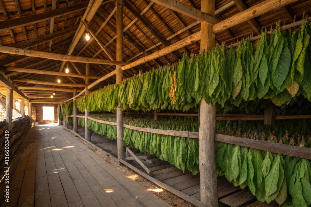 Fototapeta premium Tobacco Leaves Drying in a Rustic Barn Setting Generative AI