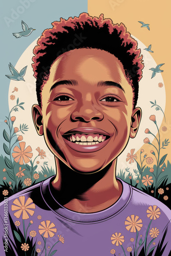 Wallpaper Mural Joyful Young Boy Smiling Amidst Colorful Blossoms and Flying Birds in a Bright Spring Landscape Torontodigital.ca