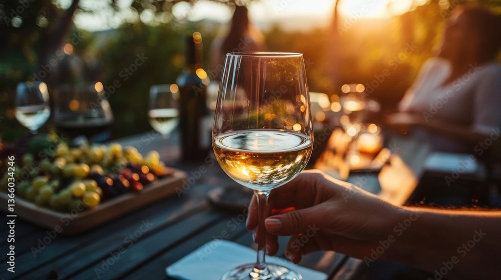 Obraz premium A wine glass held in hand at a gathering outdoors