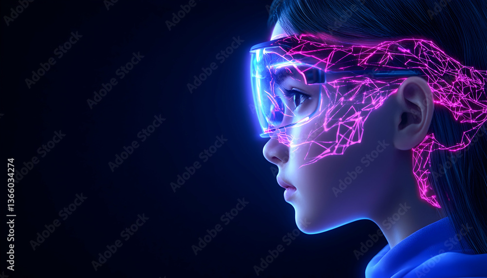 Obraz premium Girl wears VR headset with glowing pink digital design
