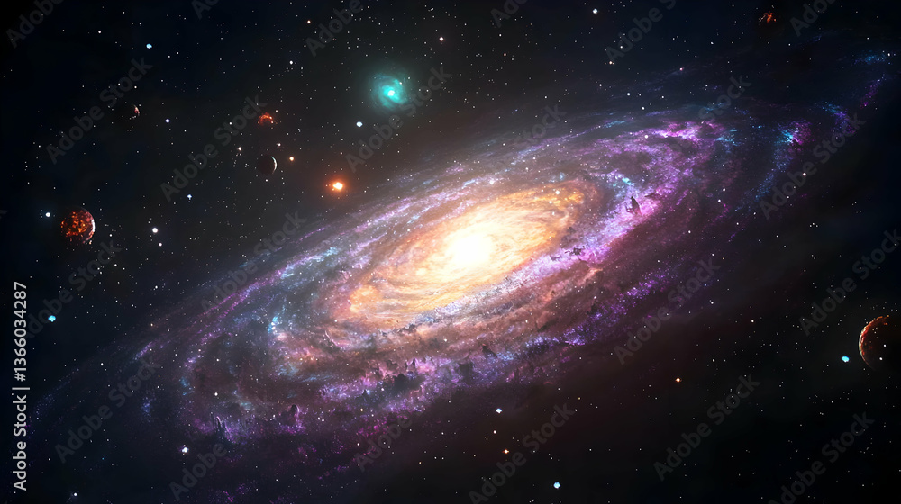 Obraz premium Spiral Galaxy In Space With Numerous Stars And Nebula With Dark Background