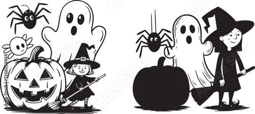 hand-drawn cartoon of Halloween elements jack-o-lantern with a smiling face, a witch on a broomstick, a spider web with a spider, and a haunted house
