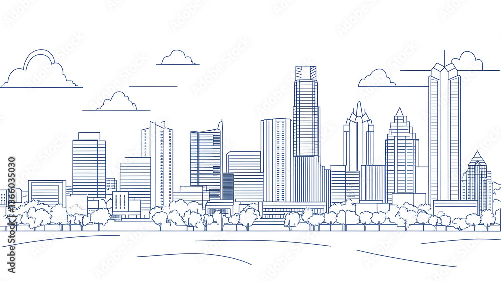 Fototapeta premium City Skyline Line Art, Minimalist Illustration