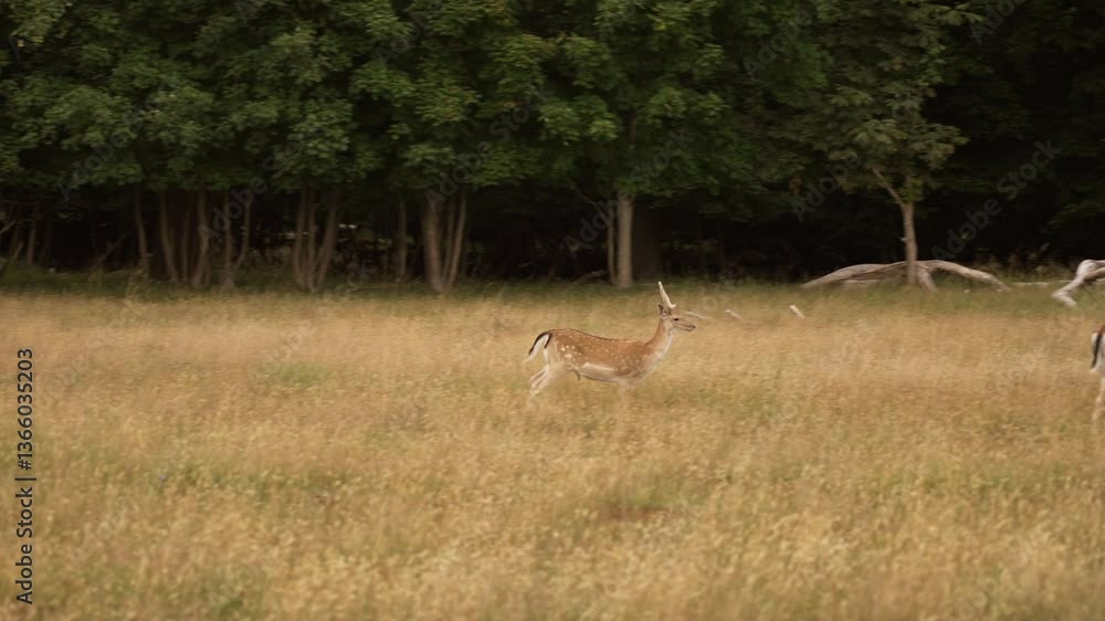 Deer catching up to its herd in a peaceful meadow surrounded by lush green trees Deer catching up to its herd in a peaceful meadow surrounded by lush green trees