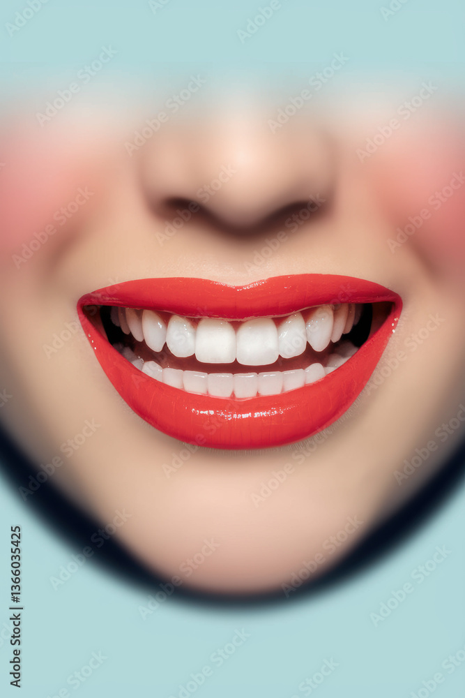 Obraz premium Radiant Smiling Woman with Bold Red Lips against Soft Blue Background Exuding Joy and Confidence