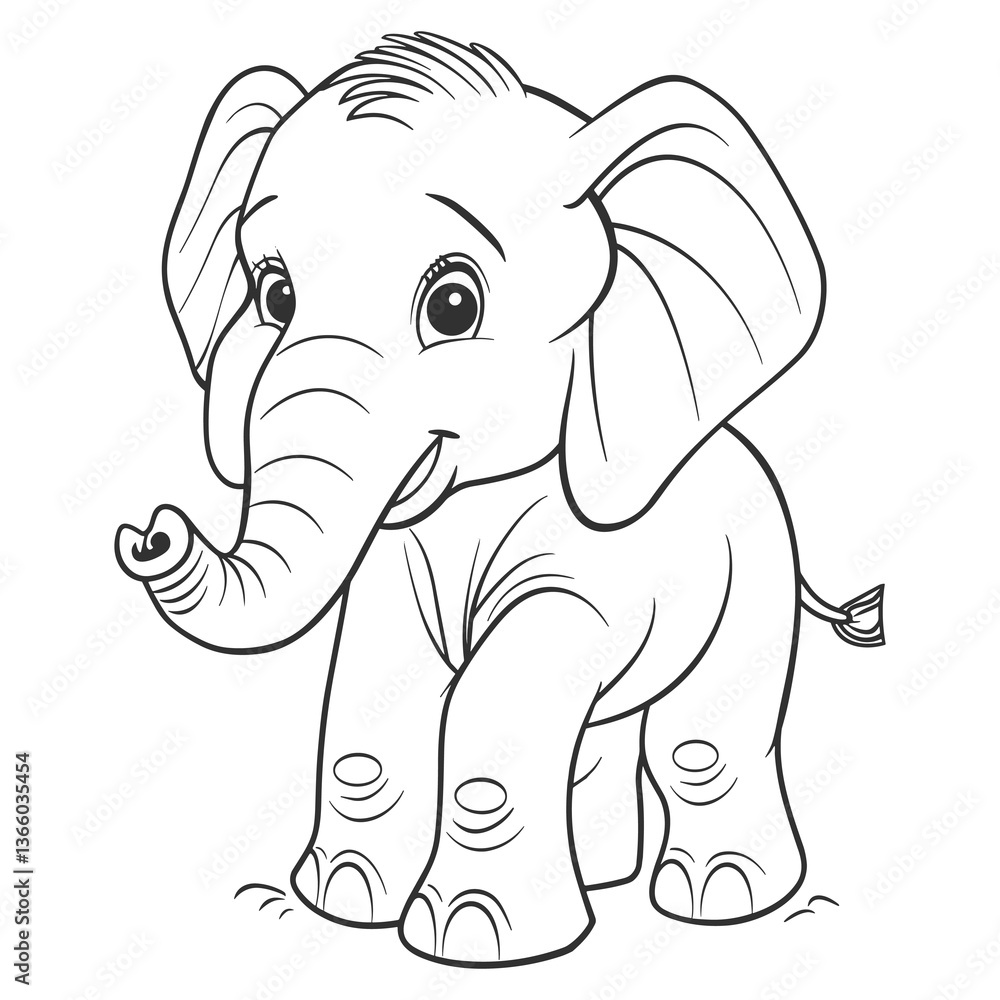 Obraz premium Cute Cartoon Elephant - Black and White Line Art