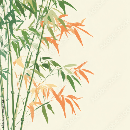 Ink Bamboo Background with Orange Accents, Asian Art Design