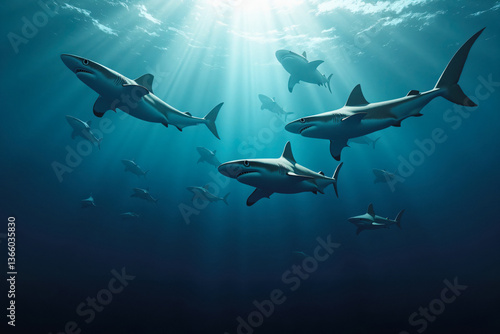  A large group of sharks swims together in the deep ocean, illuminated by piercing rays of light from the surface. Generative AI