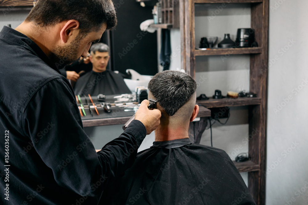 Fototapeta premium A skilled hairdresser is carefully cutting the hair of a client in a well-equipped barbershop. The atmosphere is professional, showcasing grooming tools and attention to detail in haircutting