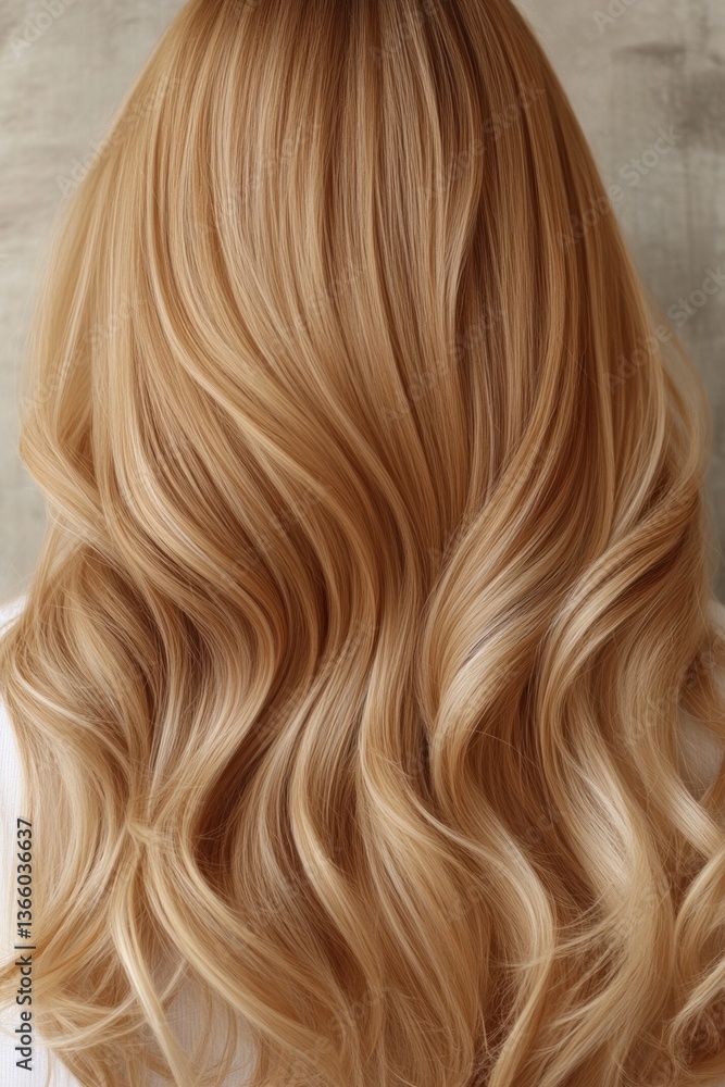 Fototapeta premium Long, wavy blonde hair styled elegantly against a simple background, showcasing a beautiful hair texture and shine, perfect for hair inspiration and styling ideas