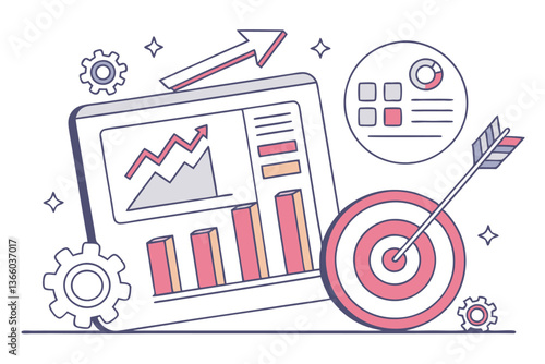 88 Flat design icon, statistical graph, bar chart, colorful columns, target with arrow, business analytics, marketing goals, performance metrics, simple illustration, pastel colors, minimalist style, 