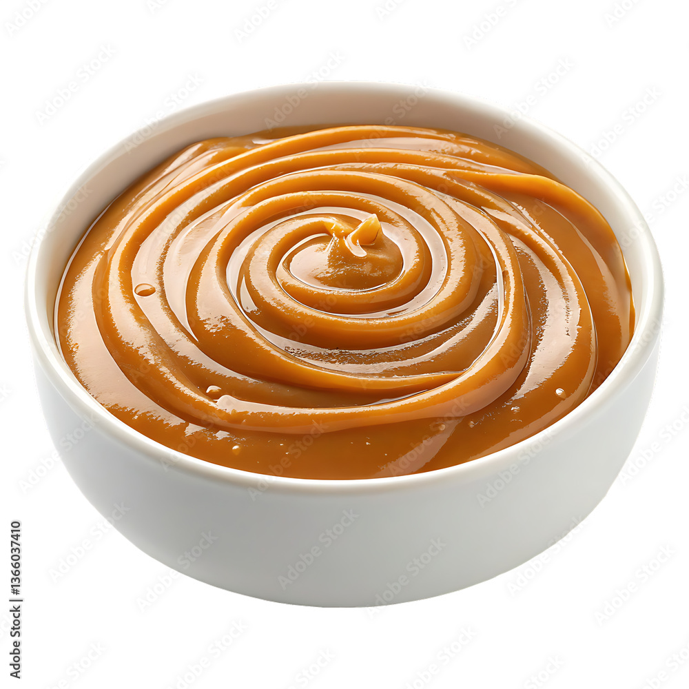 creamy caramel sauce in white bowl isolated on transparent background Generative Ai. creamy caramel sauce in white bowl isolated on transparent background Generative Ai.
