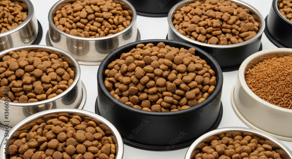 Arrangement of multiple bowls filled with dry pet food displayed on a white surface for feeding time Arrangement of multiple bowls filled with dry pet food displayed on a white surface for feeding time