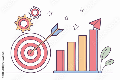 88 Flat design icon, statistical graph, bar chart, colorful columns, target with arrow, business analytics, marketing goals, performance metrics, simple illustration, pastel colors, minimalist style, 