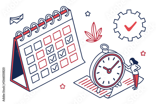 89 Calendar icon, clock icon, time management, schedule planning, appointment reminder, red and blue color scheme, flat design, minimalist illustration, vector graphics, digital planner, time tracking
