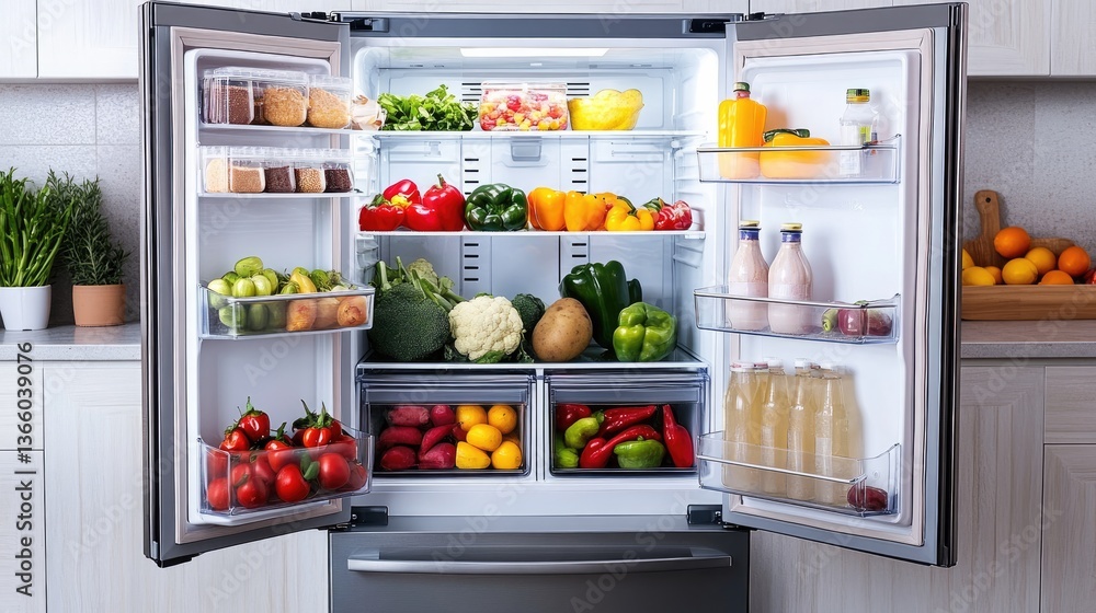 An open door high-tech refrigerator full of fresh produce set against a bright white backdrop, embodying healthy eating. An open door high-tech refrigerator full of fresh produce set against a bright white backdrop, embodying healthy eating.