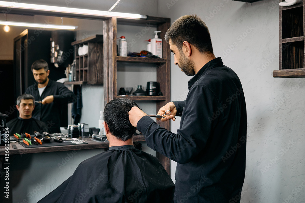 A hairdresser meticulously styles a customer's hair at a contemporary barbershop. The atmosphere is relaxed, featuring stylish tools and a polished mirror. It's a busy day for grooming A hairdresser meticulously styles a customer's hair at a contemporary barbershop. The atmosphere is relaxed, featuring stylish tools and a polished mirror. It's a busy day for grooming