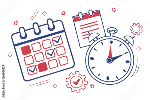 89 Calendar icon, clock icon, time management, schedule planning, appointment reminder, red and blue color scheme, flat design, minimalist illustration, vector graphics, digital planner, time tracking