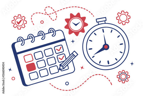 89 Calendar icon, clock icon, time management, schedule planning, appointment reminder, red and blue color scheme, flat design, minimalist illustration, vector graphics, digital planner, time tracking