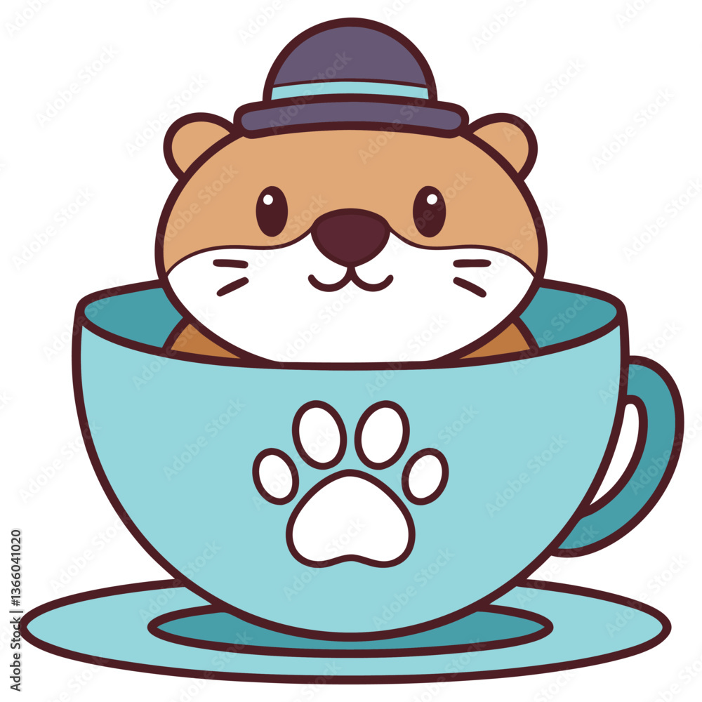 Fototapeta premium Adorable Cartoon Otter in Blue Cup with Paw Print and Hat, Isolated