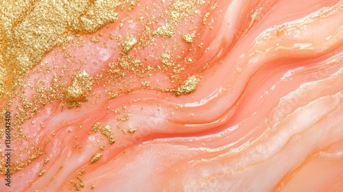 Gilded Peach: Abstract Gold and Coral Fluid Art Texture - Luxurious Resin Painting Swirls