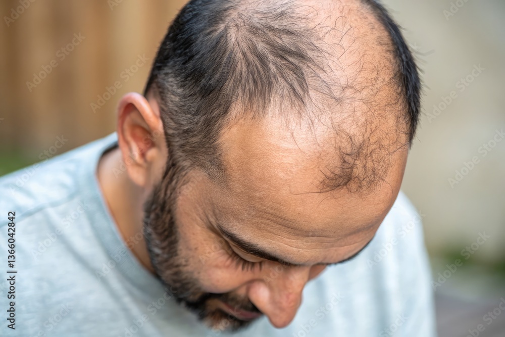 Fototapeta premium Man With Thinning Hair Looking Down Outdoors in Casual Setting Generative AI