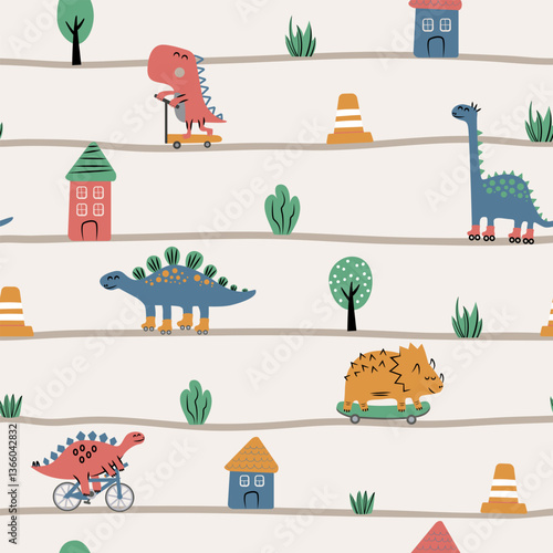 Dinosaurs in the cite with horizontal flat road map. Seamless pattern of dino on a skateboard, bike, rollers, and scooter.	.	