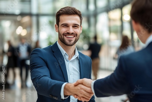 Success in negotiation. Smiling confident young businessman in formal suit handshake make deal with partner on stakeholders group meeting. Happy job seeker shake employers hand getting job. Copy space