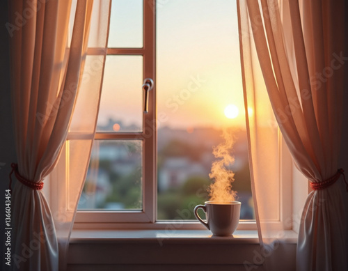 Steaming mug by window with sunrise view and white curtains. generative AI