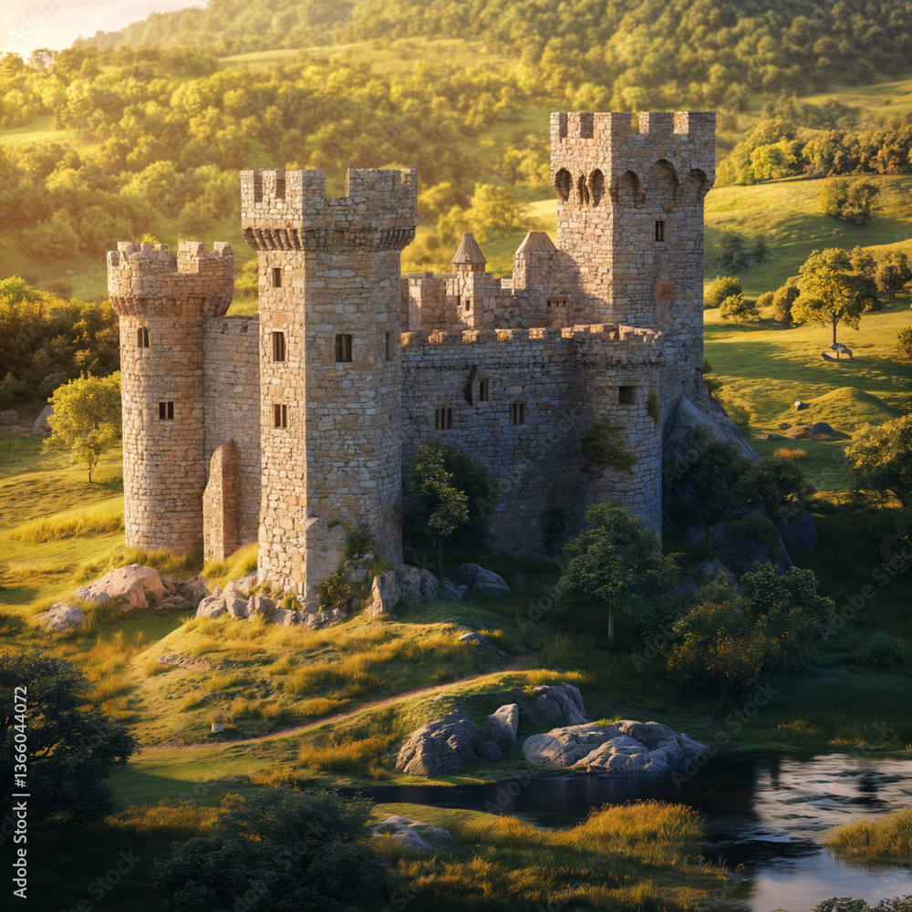 Historic European castle in the hills – A medieval stone castle with tall towers, surrounded by lush green hills, a peaceful river flowing nearby Historic European castle in the hills – A medieval stone castle with tall towers, surrounded by lush green hills, a peaceful river flowing nearby