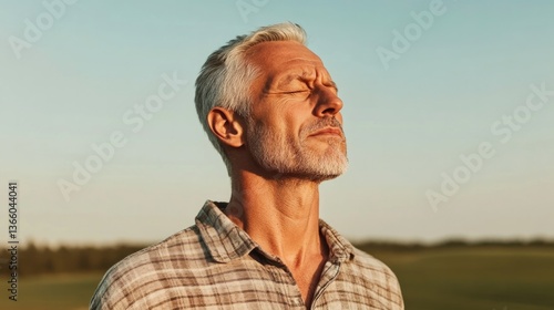 Calm man enjoying fresh air under clear sky, reflecting on natur