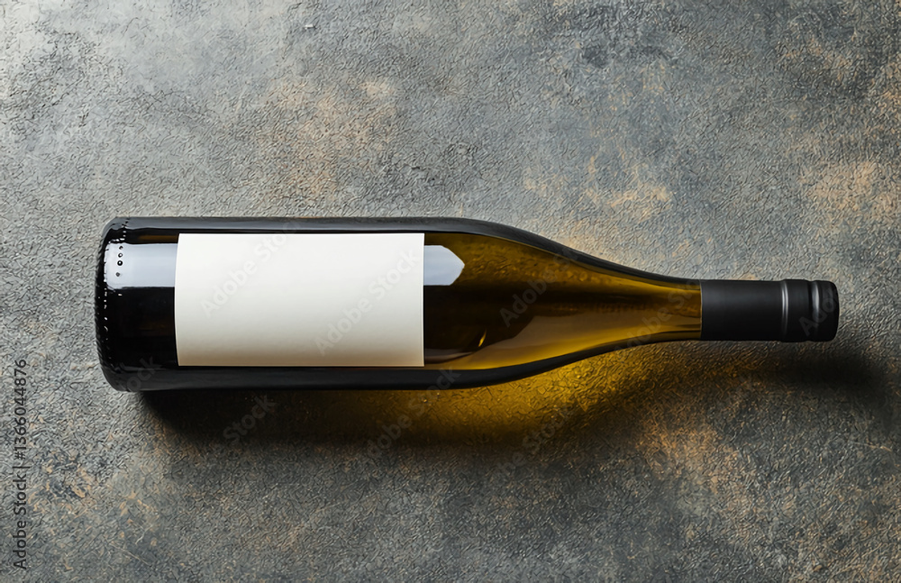 Close up of a wine bottle with a blank white label lying horizontally on a textured surface Close up of a wine bottle with a blank white label lying horizontally on a textured surface
