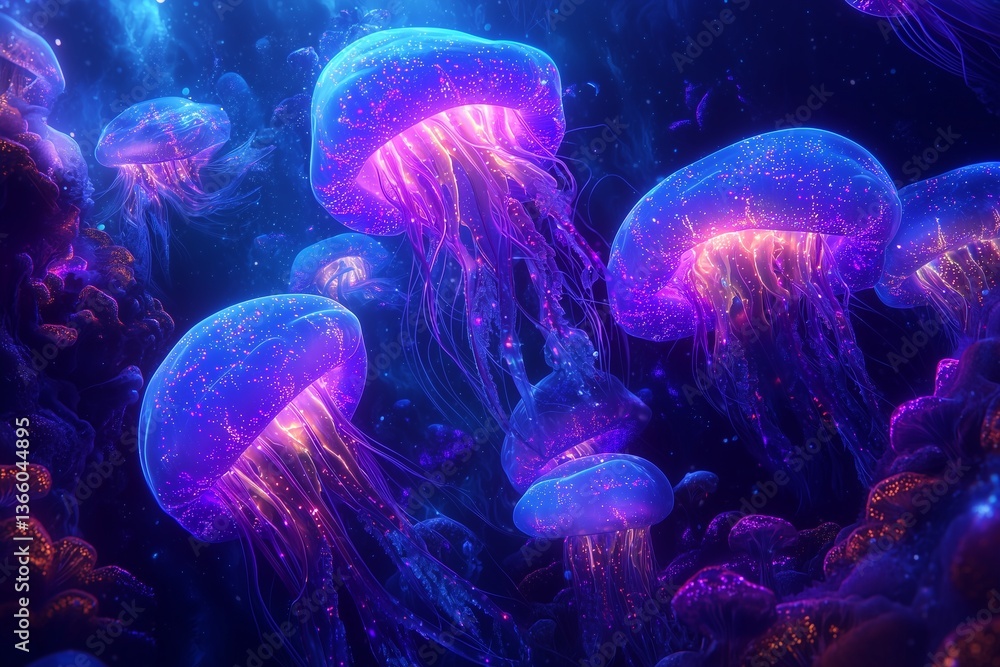 Obraz premium A bioluminescence poster with glowing sea creatures