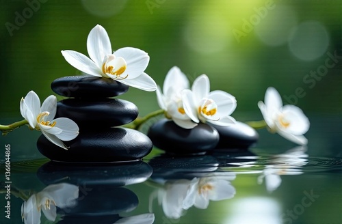 Tranquil arrangement of stones and white flowers on calm water surface in a serene setting