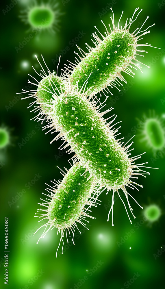 Green, rod-shaped bacteria cluster with hairlike pili in a defocused green background Green, rod-shaped bacteria cluster with hairlike pili in a defocused green background