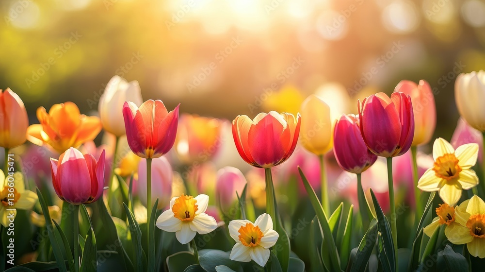 Obraz premium A wallpaper filled with vibrant tulips and daffodils against a soft, sunny background, capturing the essence of a cheerful spring day