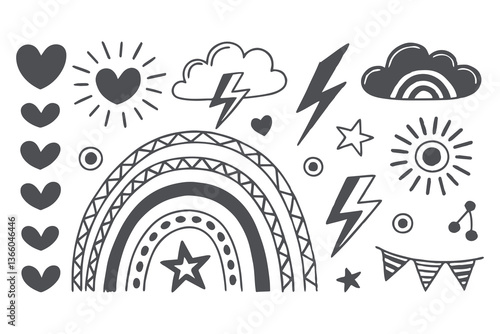 Whimsical Crayon Doodle Set. Hand-Drawn Abstract Shapes Featuring Hearts, Rainbows, Stars, Clouds, Lightning, and Playful Geometric Elements with Childlike Artistic Charm Vector Illustration