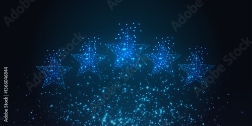 5 stars rating. Abstract blue stars. Low poly style design. Abstract geometric background. Wireframe light connection structure. Modern 3d graphic concept. Isolated vector illustration.