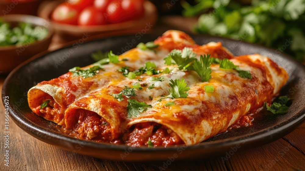 A plate of authentic Mexican enchiladas, mouthwatering and topped with melted cheese and rich red sauce, set against a wooden backdrop for tagline inclusion. A plate of authentic Mexican enchiladas, mouthwatering and topped with melted cheese and rich red sauce, set against a wooden backdrop for tagline inclusion.