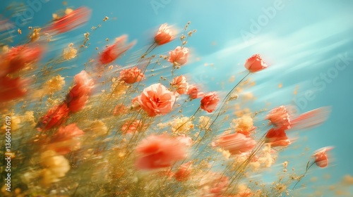 Dynamic abstract motion blur of new standard flowers meadow digital art vibrant environment close-up nature concept