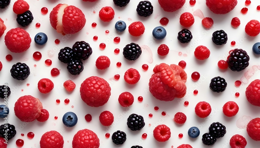 A top-down, full shot of a variety of berries and spheres scattered across a white surface with swirls of red gel A top-down, full shot of a variety of berries and spheres scattered across a white surface with swirls of red gel
