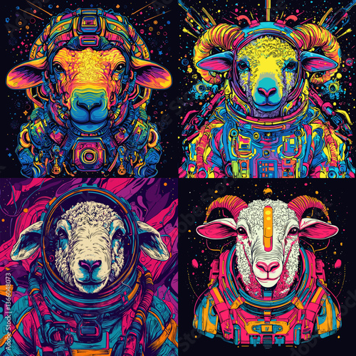Psychedelic sheep and ram astronauts in colorful space suits with cosmic backgrounds. Perfect for fantasy, sci-fi, pop art, and vibrant animal-themed illustrations or designs.

