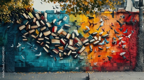 Colorful mural of books and birds on a city wall.