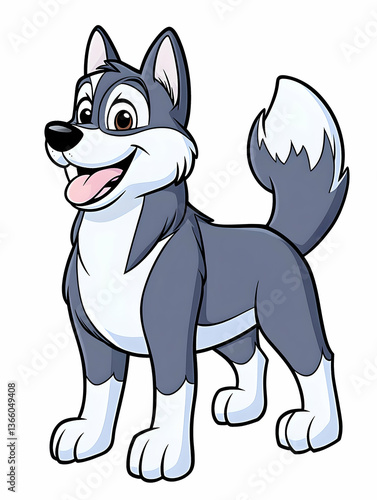 Happy cartoon dog with a smiling face, gray fur, and white markings