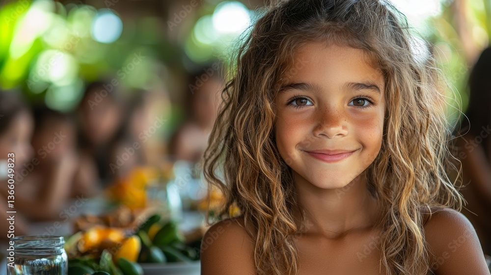 Fototapeta premium A joyful young girl with curly hair smiling at a lively outdoor gathering filled with vibrant fruits and friends nearby