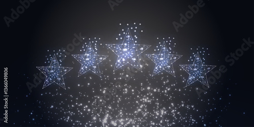 5 stars rating. Abstract white stars. Low poly style design. Abstract geometric background. Wireframe light connection structure. Modern 3d graphic concept. Isolated vector illustration.