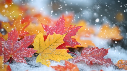 Fototapeta Naklejka Na Ścianę i Meble -  A transitional season wallpaper with colorful fall leaves scattered across a snow-dusted landscape, bridging the gap between autumn and winter