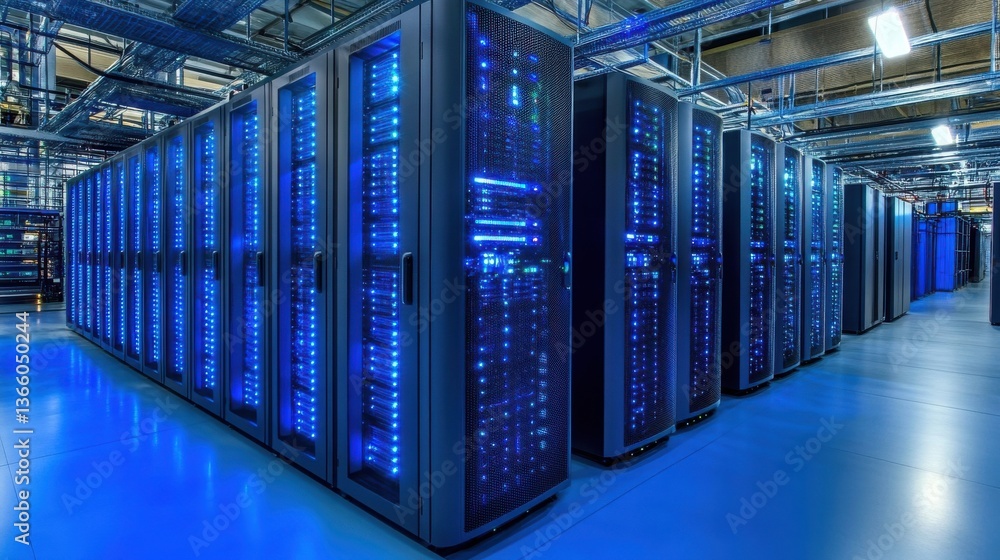 Fototapeta premium Server Room Symphony: Blue Lights in the Digital Realm of Data Storage & Processing Power. 